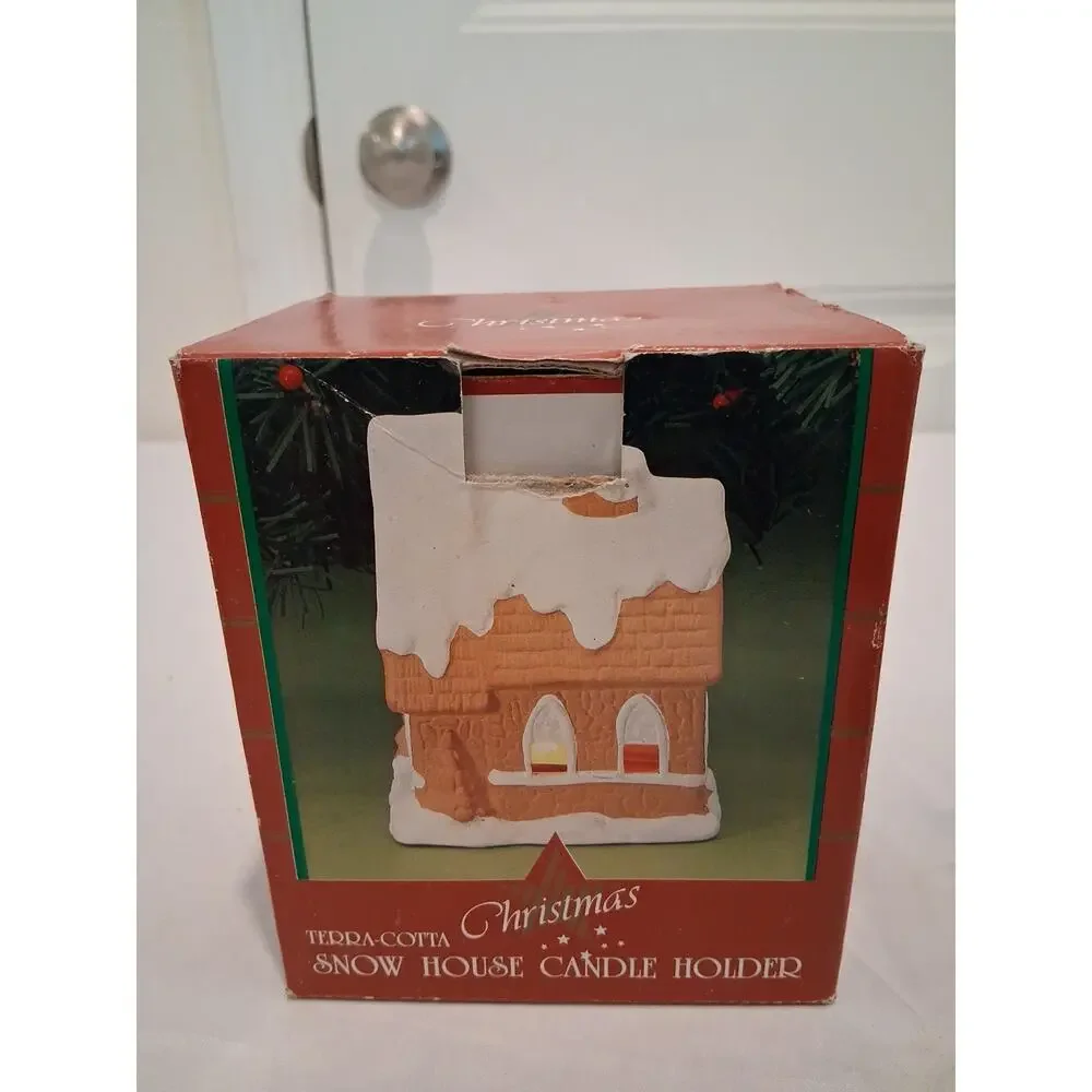 Vintage 1980s 1990s Terracotta Christmas Snow House Votive Candle Holder Box